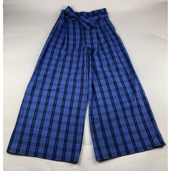 Zara Royal Blue Plaid Lightweight Canvas High Rise Wide Leg Belted Trouser Pant